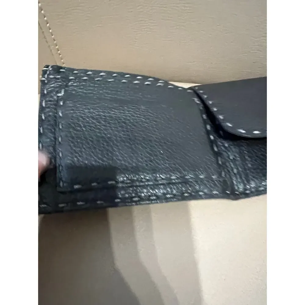 Henry Beguelin Leather BiFold Wallet Snap Fold Black Zipper Stitching Pebbled